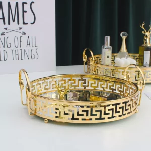 2022 Glass Mirror Gold Silver Luxury Tray Serving Metal Frame Round Wedding Holiday Jewelry Storage Display Tray