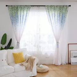 Cheap Custom Size Green Blue Floral Printed Living Room Sheer Voile Window Curt