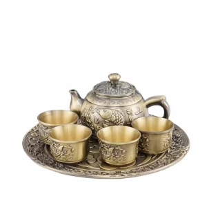 Fish pattern business gifts arts and crafts ornaments tin tea set whole set of teapot and cup tray Bronze red copper tea plate