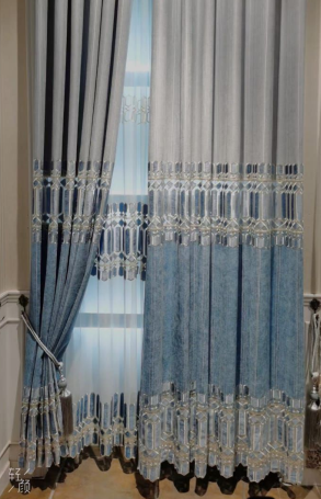 Grey Blue Embroidery Geometric Hollow Curtain for Living Room Nordic Modern Window Drapes for Bedroom