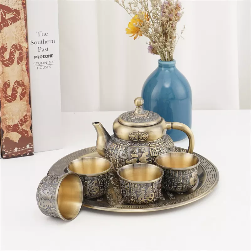 Home Decoration Durable Decorative Zinc Alloy Tea Set Utensils With Exquisite Carvings Does Not Rust - Image 2
