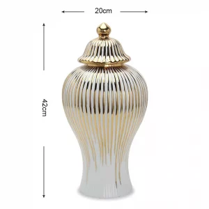 Home Decorative Gold Striped Large Tall Floor Porcelain Ceramic Flower Vase with Lid Ginger Jar