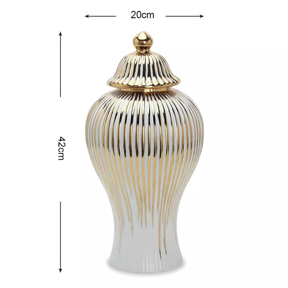 Home Decorative Gold Striped Large Tall Floor Porcelain Ceramic Flower Vase with Lid Ginger Jar - Image 2