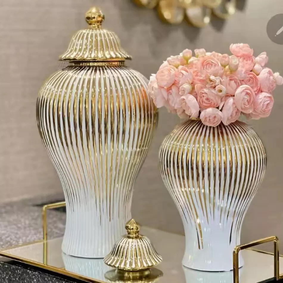 Home Decorative Gold Striped Large Tall Floor Porcelain Ceramic Flower Vase with Lid Ginger Jar