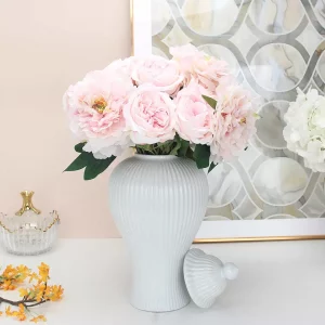 Home Hotel Decorative Big Large Ribbed Strip White Ginger Jar Ceramic Vase with Lid