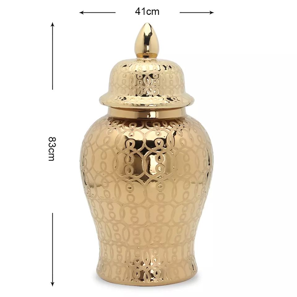 Home Hotel Decorative Big Large Tall Elegant Texture Ceramic Gold Ginger Jar Vase - Image 3