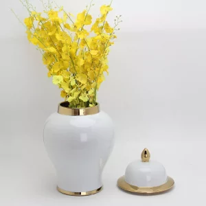Home Hotel Decorative Big Large White and Gold Ginger Jar Ceramic Vase with Lid