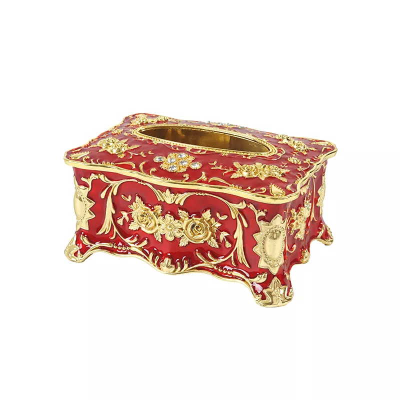 Household Storage Office Home Desktop European Designed Rose Pattern Red Alloy Metal Tissue Box