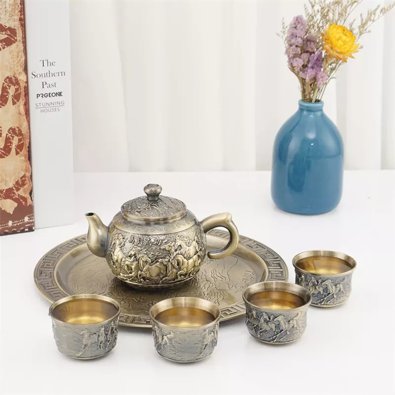 Luxury Silver bronze color tea wine teapot Set with 1 kettle and 4 cups tray for drinking as gifts - Image 2
