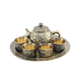 Luxury Silver bronze color tea wine teapot Set with 1 kettle and 4 cups tray for drinking as gifts
