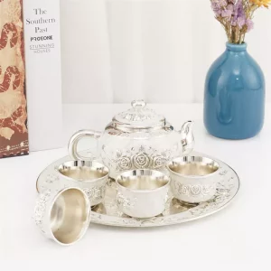 Silver Color Kung Fu zinc alloy creative exquisite carving tea set dragon pattern cup wine cup with tray gift box