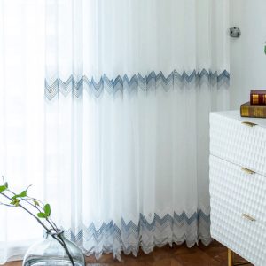 Zigzag White Blue and Grey Blackout Voile Curtains with Embroidered Dot Detail and Scalloped Edge